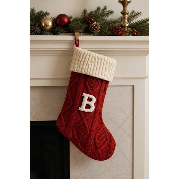 Other - NEW Red & Cream Cable Knit Monogram "B"Christmas Stocking Holiday Decor‎